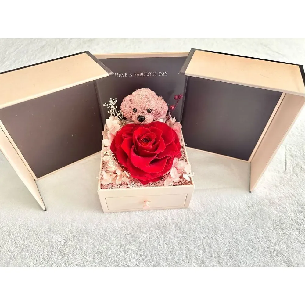 Preserved rose light pink teddy bear box with jewelry tray drawer ￼